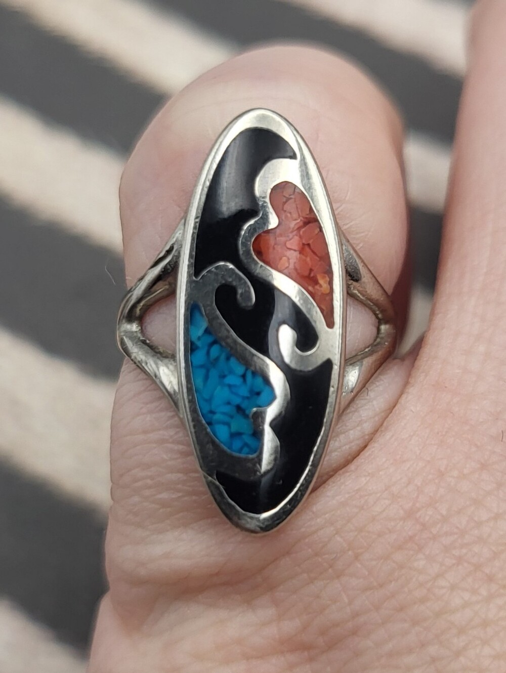 Sterling Silver Inlay Teardrop Ring with Turquoise and Coral Accents